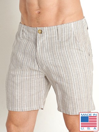 Model in gray LASC Summer Striped Linen 6" Shorts