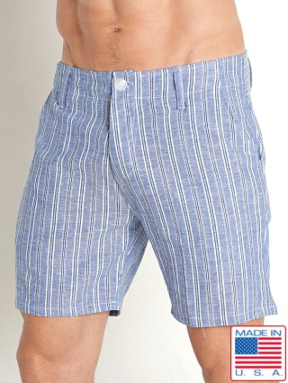 Model in royal LASC Summer Striped Linen 6" Shorts