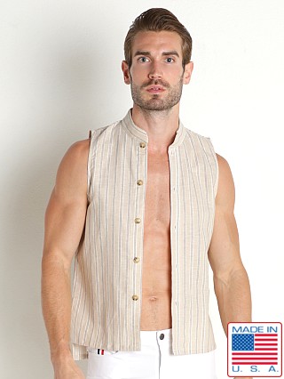 Model in natural LASC Summer Striped Linen Button Front Tank Top