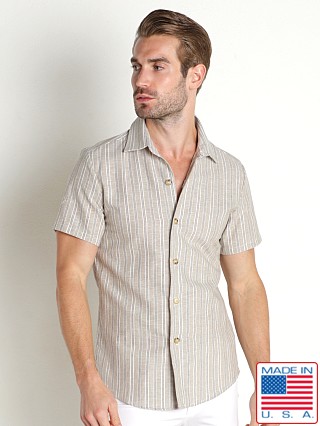 Model in gray LASC Summer Striped Linen Button Front Shirt