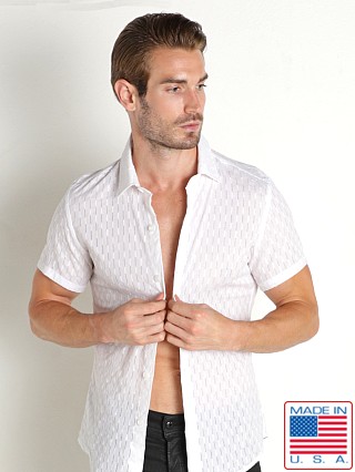 Model in ivory LASC Breezy Cotton Jacquard Button Front Shirt