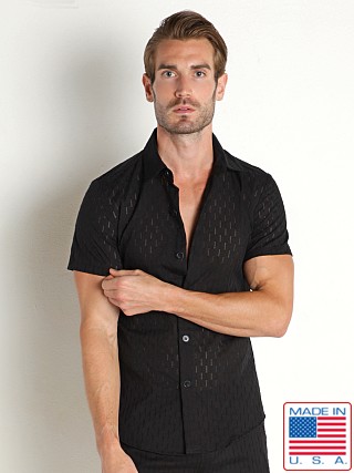 Model in black LASC Breezy Cotton Jacquard Button Front Shirt