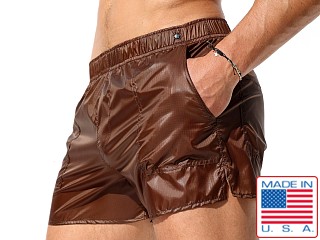 Model in brown Rufskin Nuage Transparent Nylon Pocket Shorts