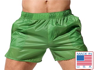 Model in green Rufskin Nuage Transparent Nylon Pocket Shorts