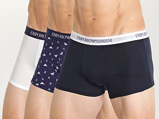 Model in marine/printed eclipse/white Emporio Armani Pure Cotton Trunks 3-Pack Marine/Printed Eclipse/