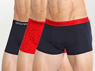 Model in marine/printed fire/marine Emporio Armani Pure Cotton Trunks 3-Pack Marine/Printed Fire/Mar