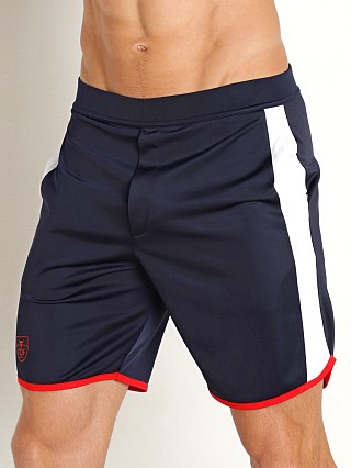 Model in navy TOF Paris Gym Long Shorts